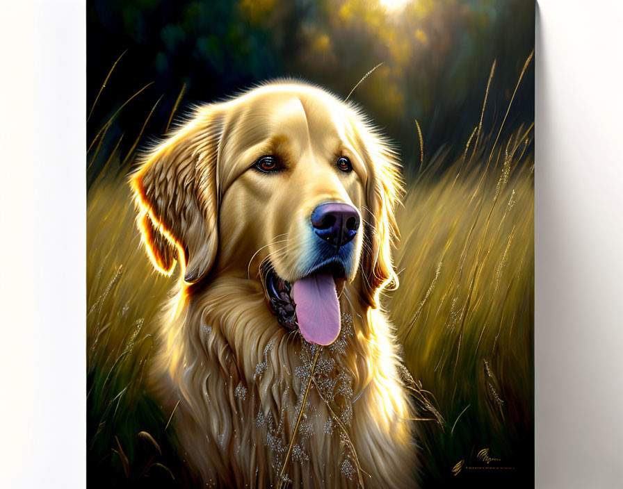 Golden retriever in tall grass under warm sunlight.