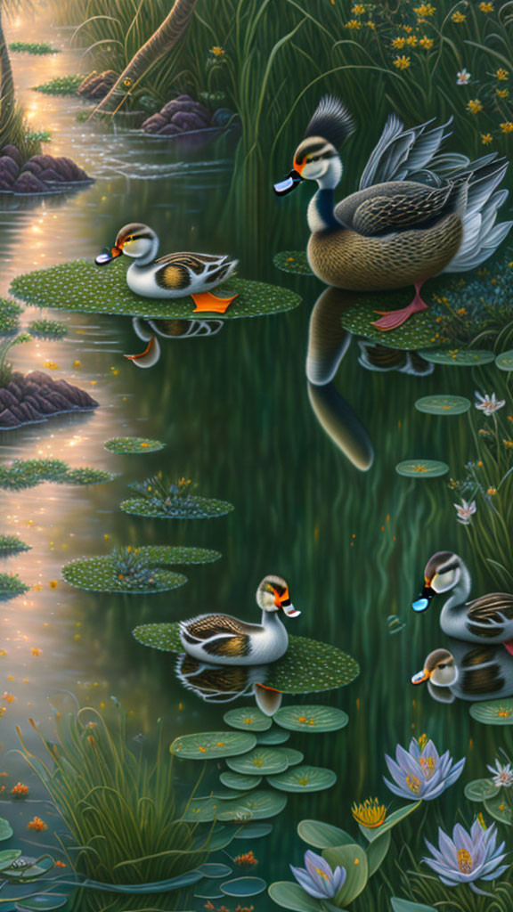 Tranquil pond scene with ducks, lily pads, blossoms, and lush greenery