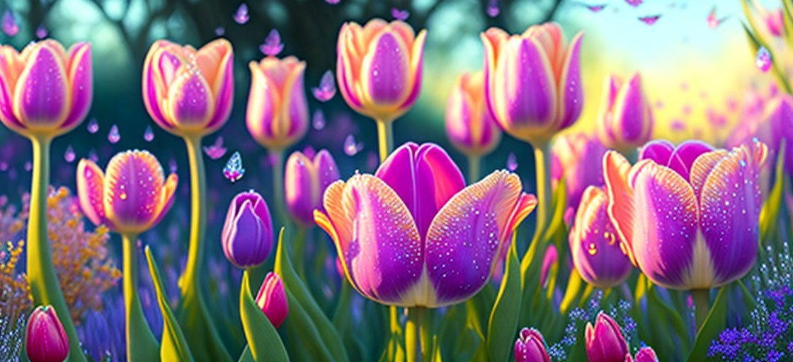 Colorful tulip field with butterflies in soft light