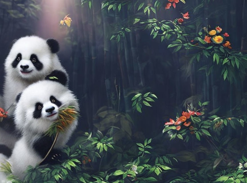 Pandas eating bamboo in misty forest with flowers