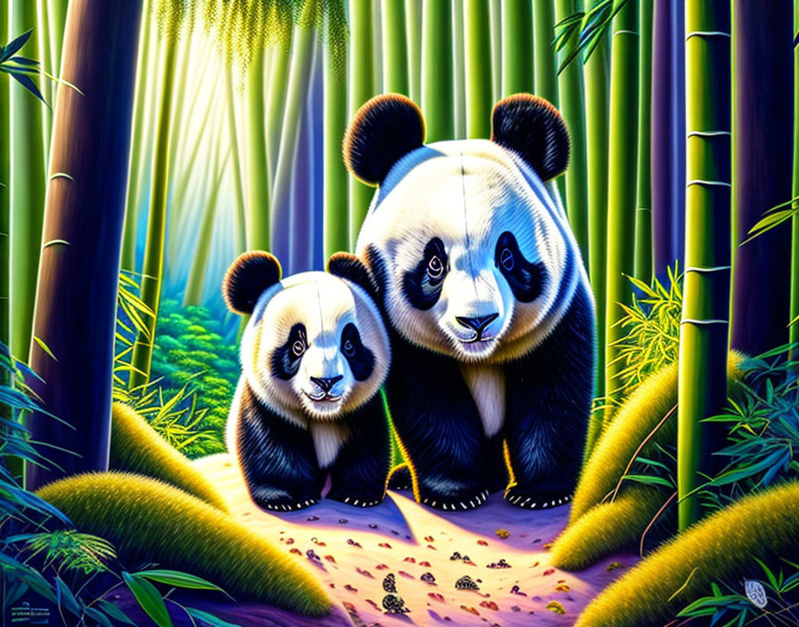 Detailed Illustration: Adult and Cub Pandas in Bamboo Forest