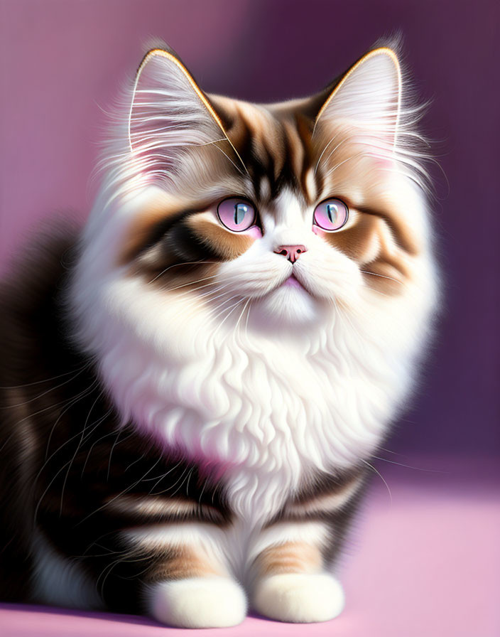 Fluffy Brown and White Cat with Violet Eyes on Purple Background