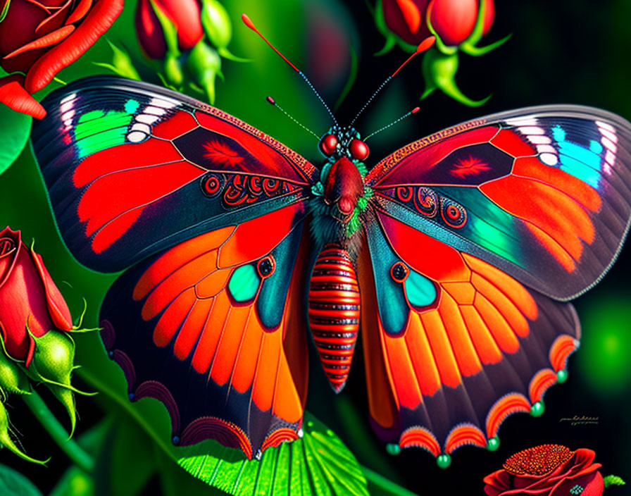 Colorful Butterfly Digital Illustration on Green Foliage