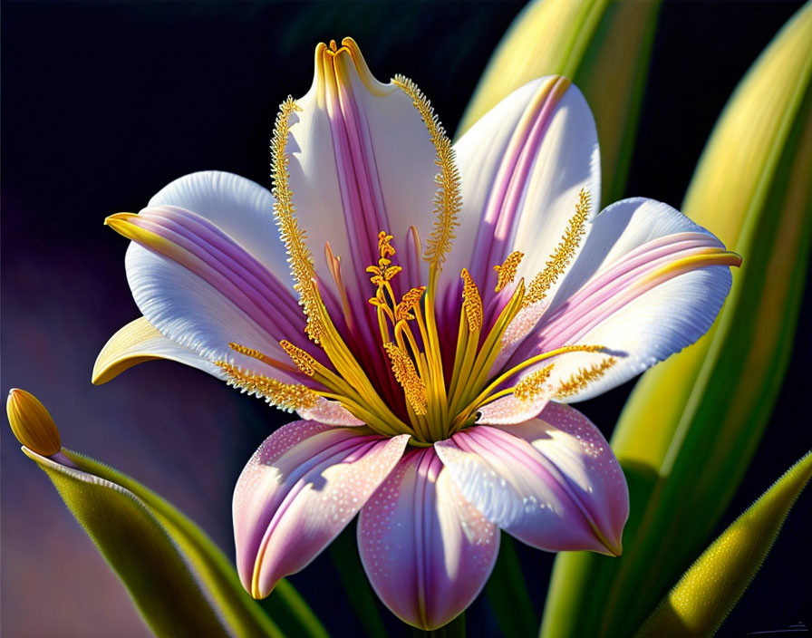 Close-up of white and pink lily with stamens and dew drops on dark background