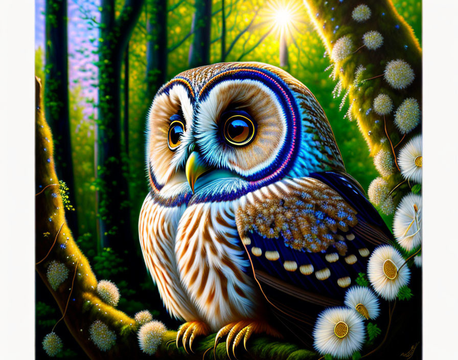 Colorful Owl in Enchanted Forest with Intricate Patterns and Glowing Dandelions