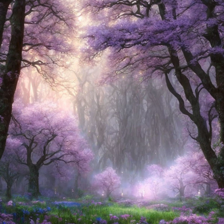 Purple Blossoms in Misty Forest with Sunlight Filtering Through Foliage