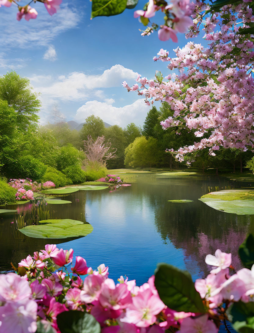 Tranquil Pond with Lily Pads and Cherry Blossoms