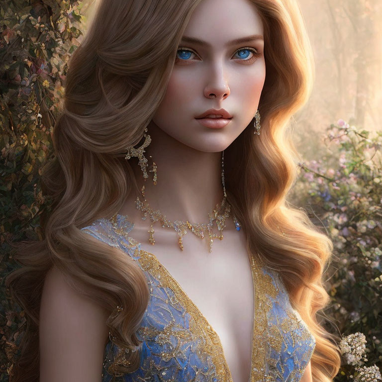 Illustration of woman with wavy blonde hair and blue eyes, adorned with golden jewelry, against floral