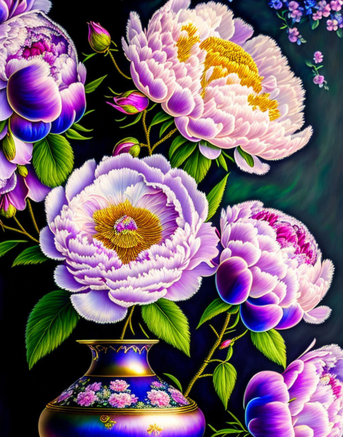 Detailed Pink and White Peonies in Dark Vase Artwork