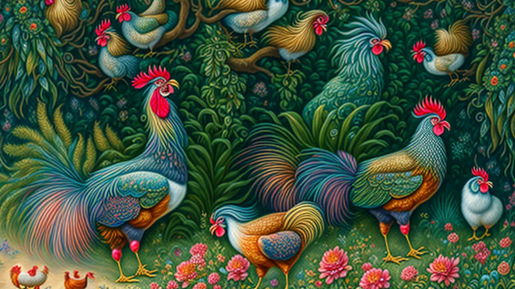 Colorful Roosters and Hens in Lush Foliage and Flowers with Rich Textures