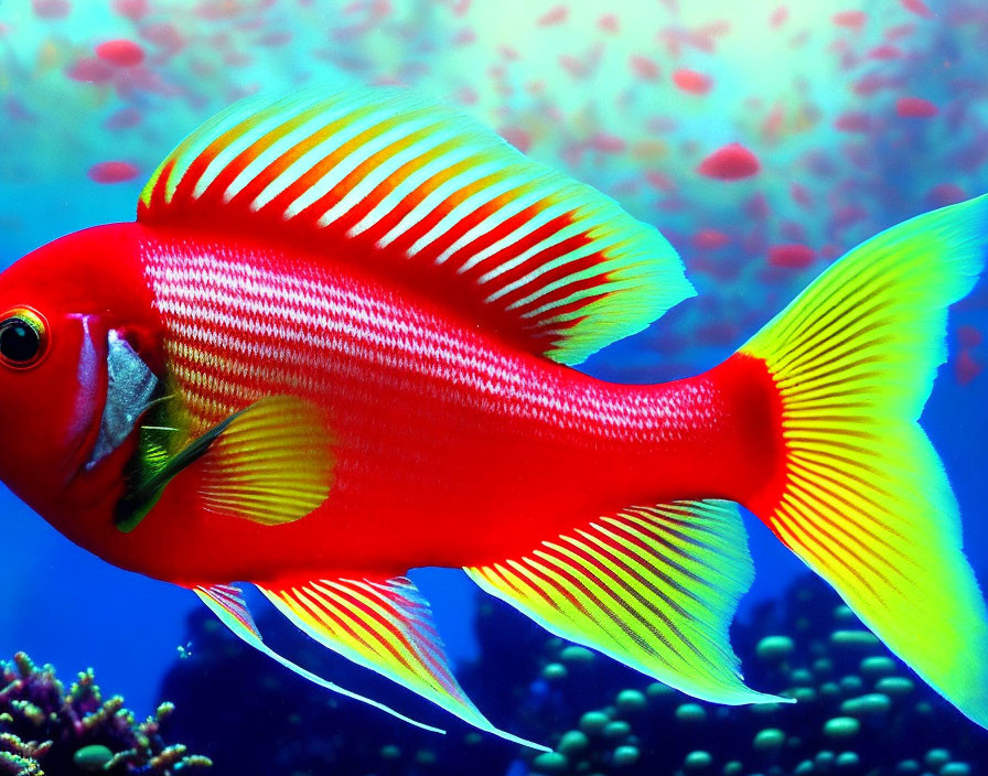 Colorful Fish Swimming Near Coral with Small Fish - Underwater Scene