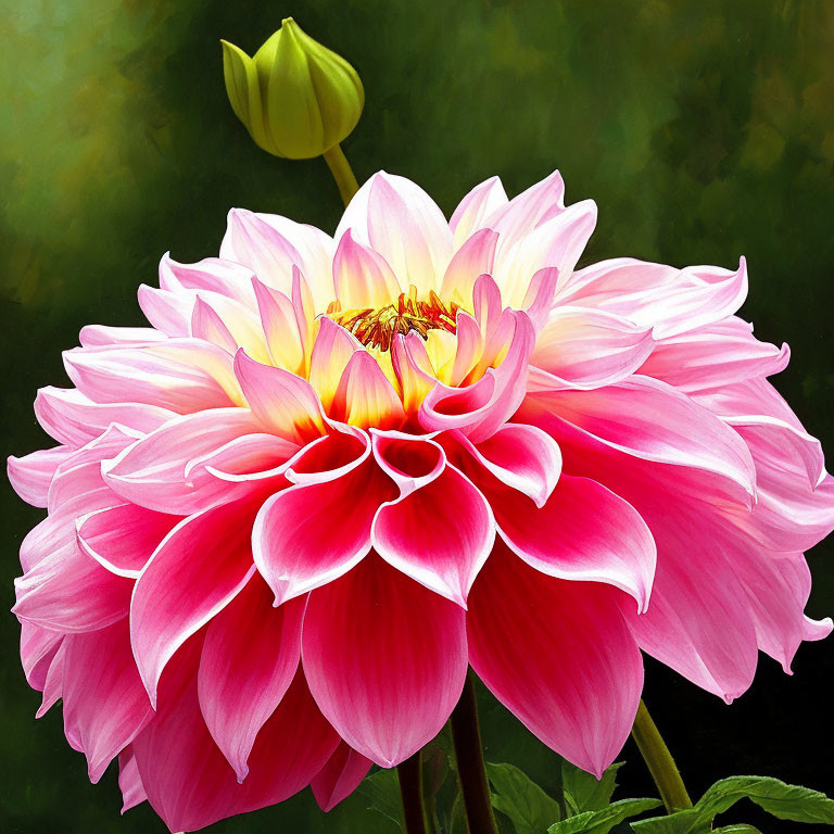 Pink and White Dahlia with Yellow Center on Blurred Green Background