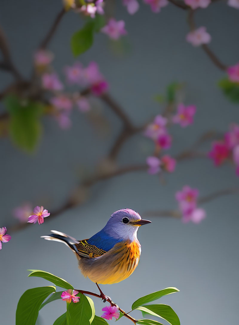 Vibrant bird with blue, white, and orange plumage on branch with green leaves and pink