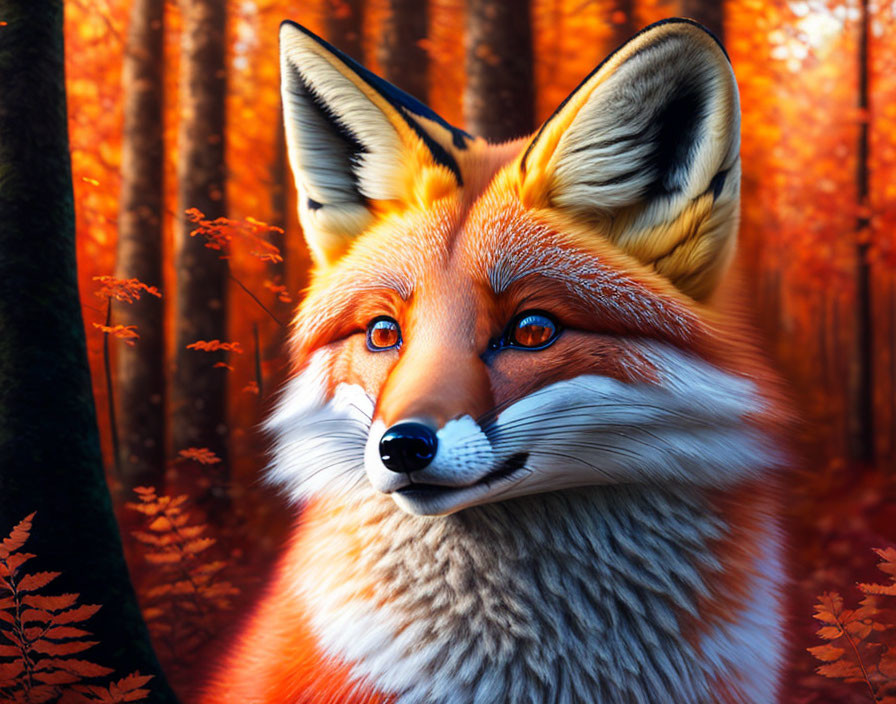 Vivid red fox with piercing eyes in fiery autumn forest