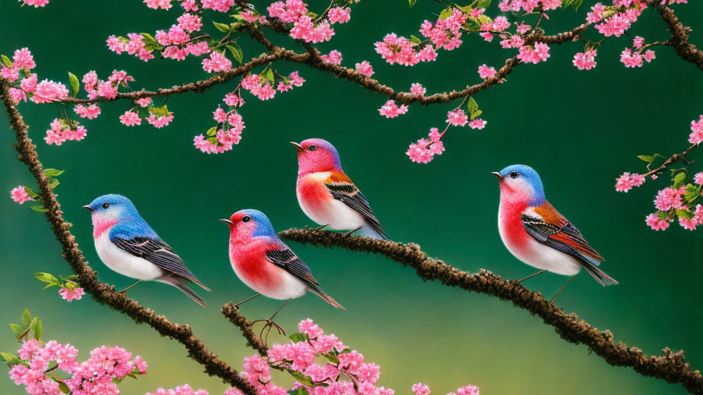 Colorful Birds on Cherry Blossom Branches with Pink Flowers on Green Background