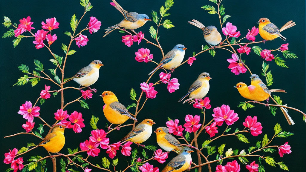 Vibrant Birds on Branches with Pink Flowers on Dark Background