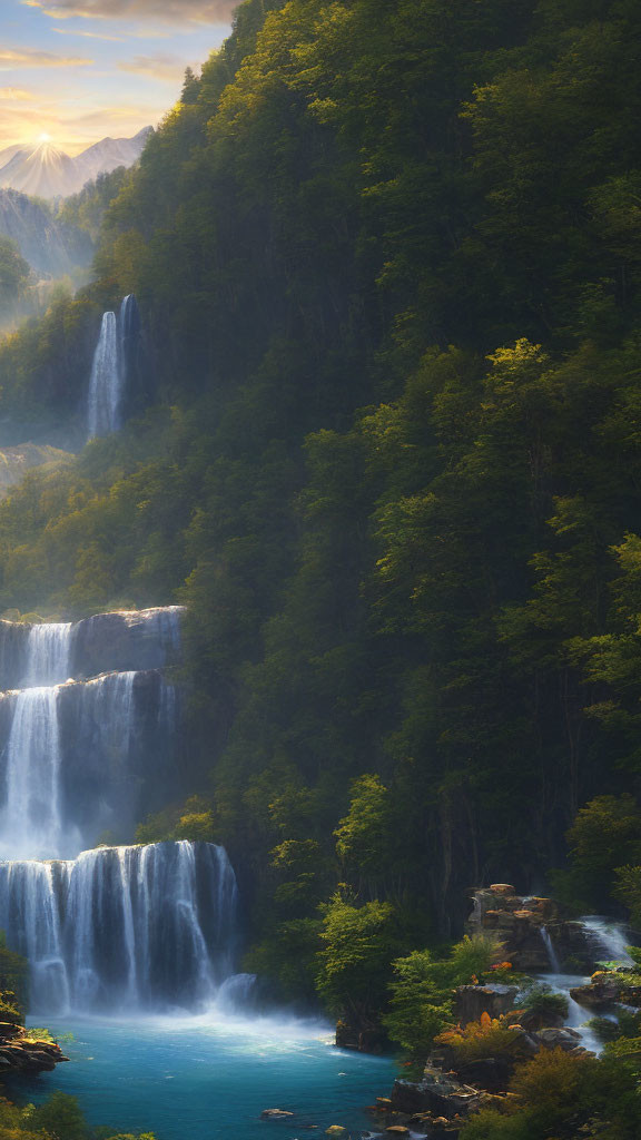 Majestic forest waterfall with sunlight filtering through trees