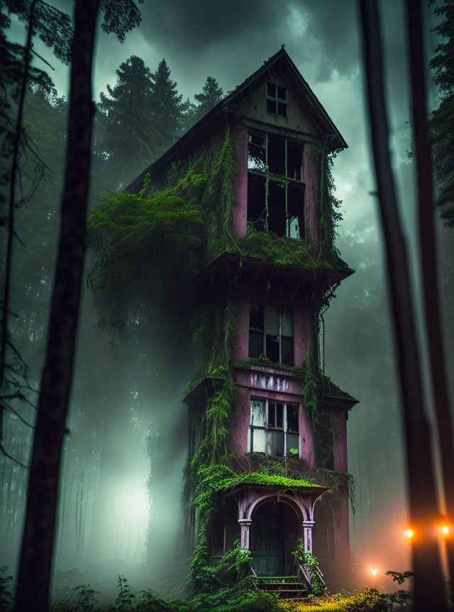 Abandoned House Overgrown with Moss in Misty Forest