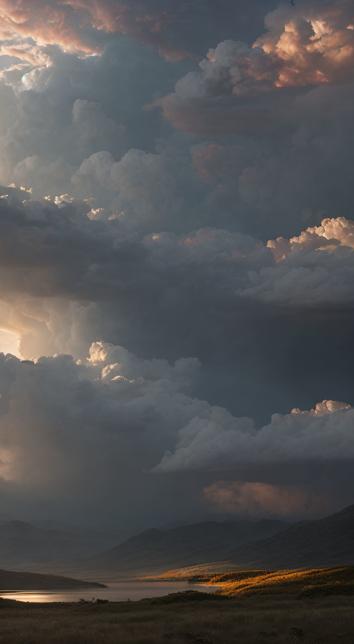 Dramatic sky with towering cumulus clouds over serene landscape