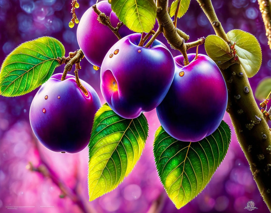 Fresh Plums on Branch with Dewdrops and Green Leaves in Purple Bokeh