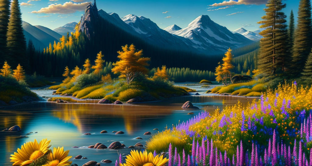 Tranquil river in vibrant landscape with colorful flowers, majestic mountains, and autumn trees