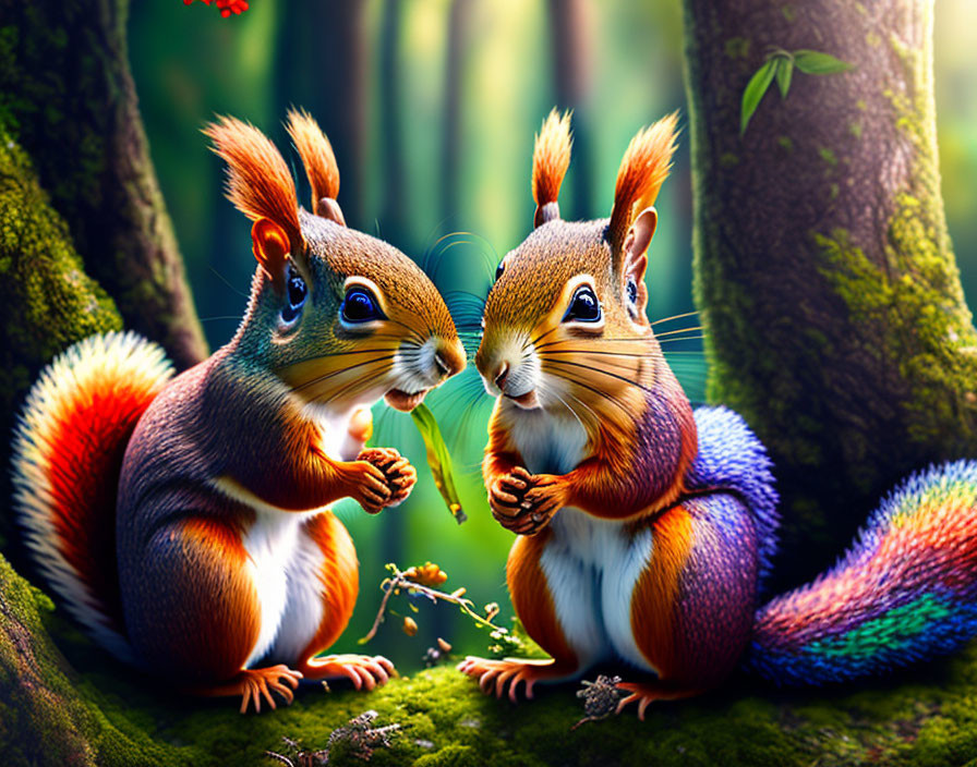 Colorful squirrels exchange nut in vibrant forest setting