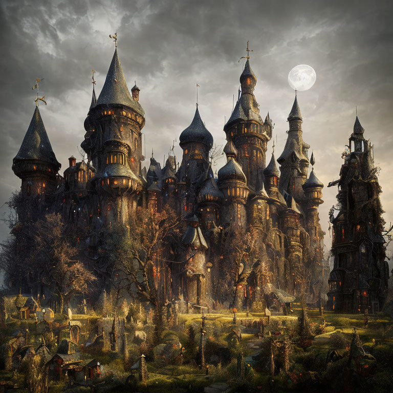 Gothic-style castle in eerie landscape with full moon