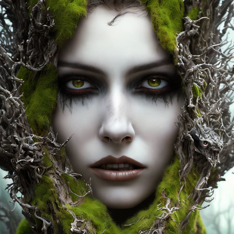 Fantasy portrait of woman with pale skin and yellow eyes in mystical forest.