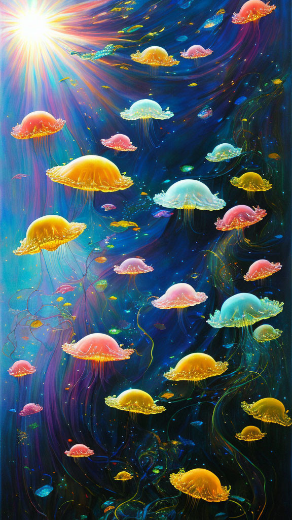 Colorful Jellyfish Painting in Cosmic Underwater Scene