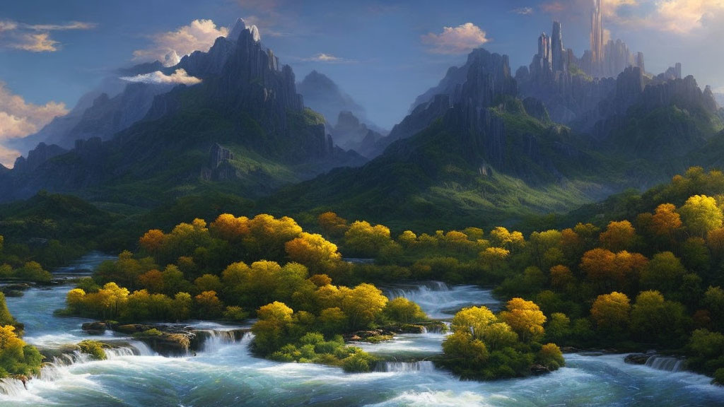 Scenic autumn landscape with river, vibrant trees, and mountains