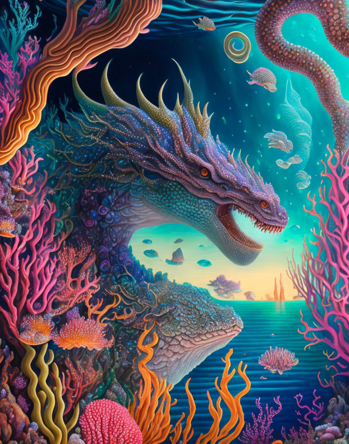 Colorful Mythical Sea Dragon in Vibrant Underwater Scene