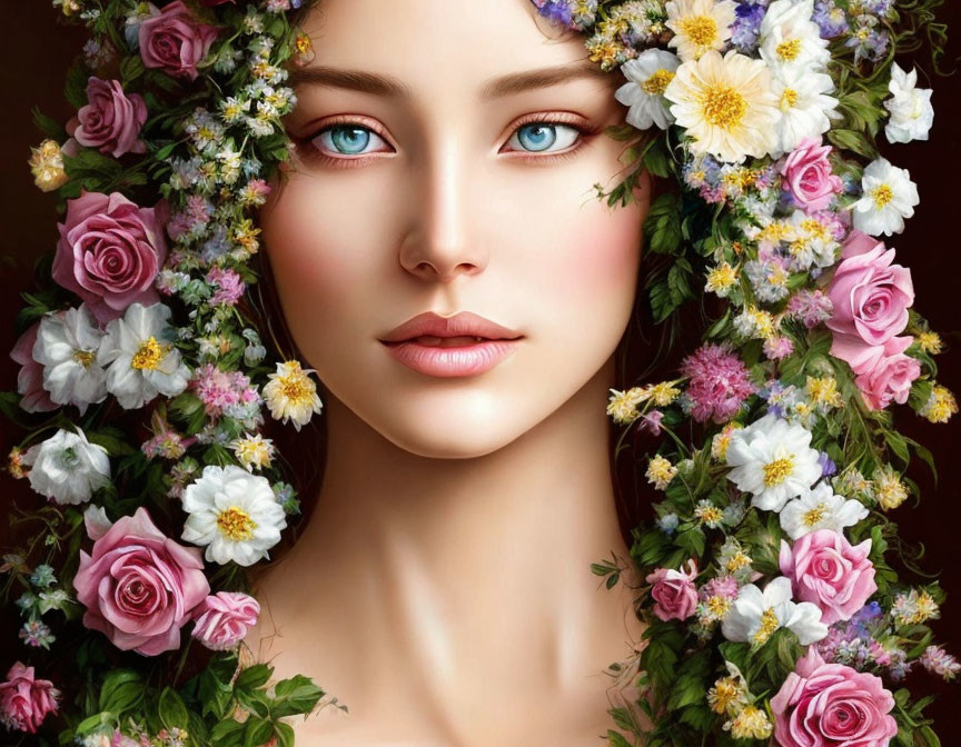 Digital illustration: Woman with blue eyes in floral wreath on dark background