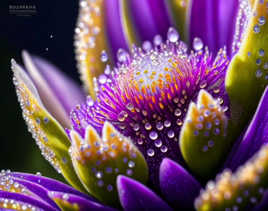 Vibrant Purple and Yellow Flower with Dewdrops: Detailed Close-Up