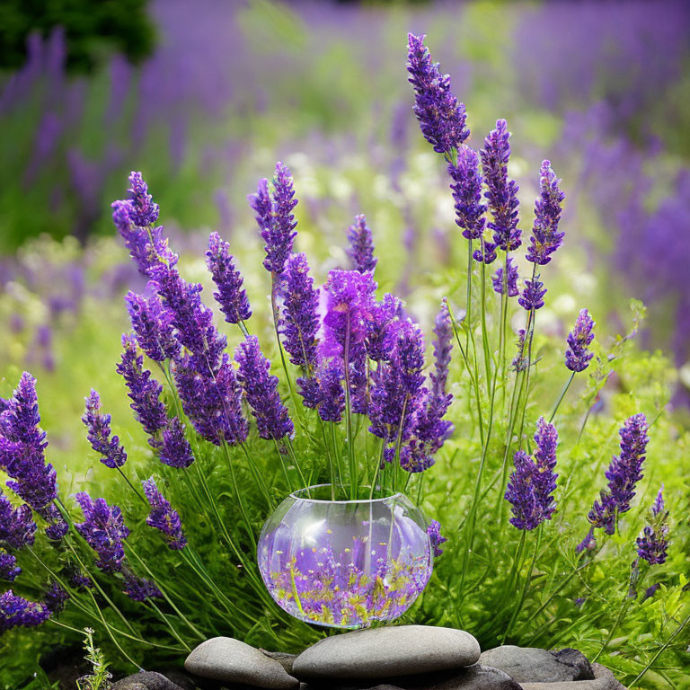 Transparent Glass Vase with Floating Lavender in Lush Garden