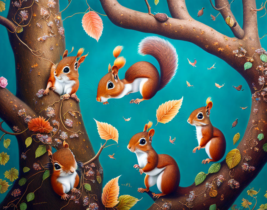 Vibrant illustration of five squirrels on tree branches with butterflies in teal setting