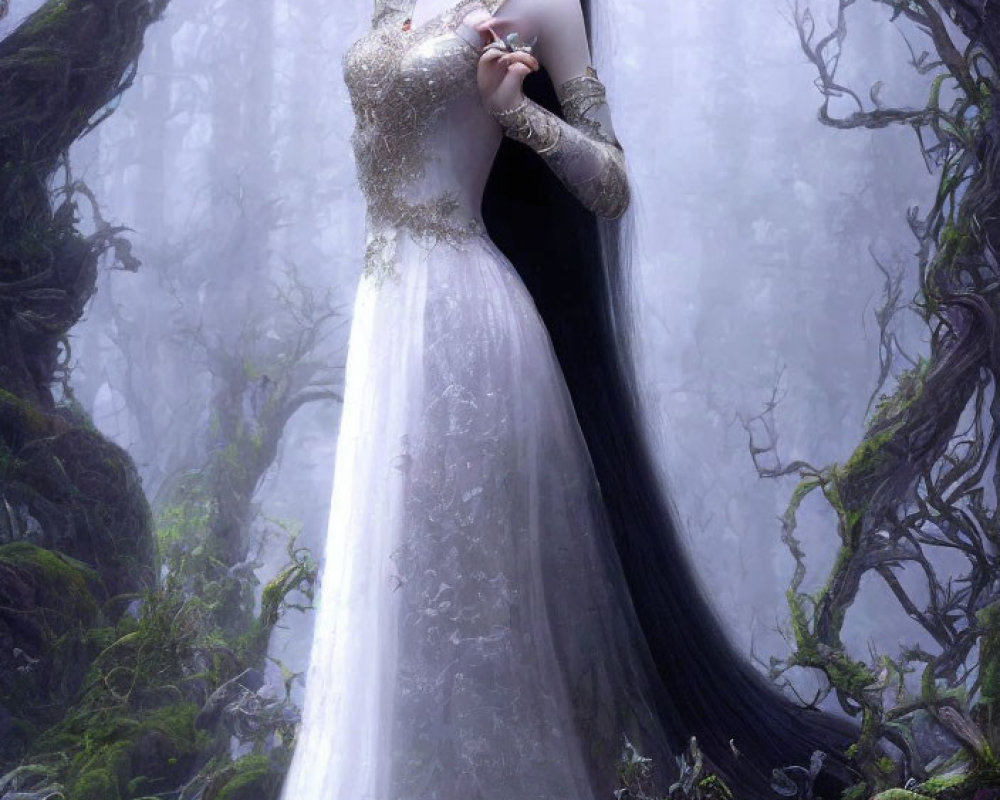 Woman in white dress with black hair in misty forest