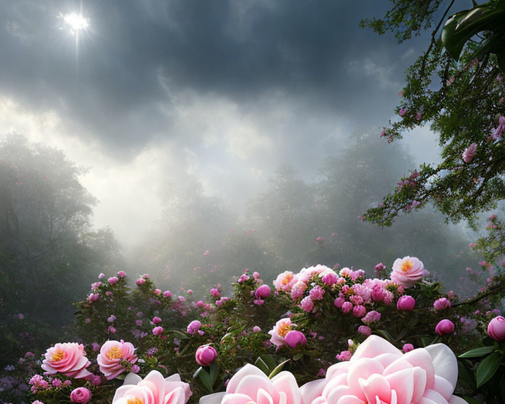 Mystical garden with pink and white flowers under dramatic sky