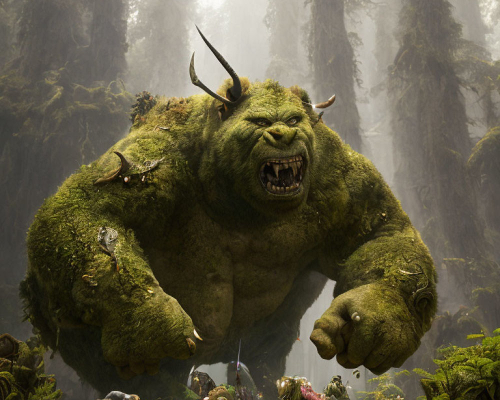 Green Troll with Horns in Misty Forest Surrounded by Tiny Warriors