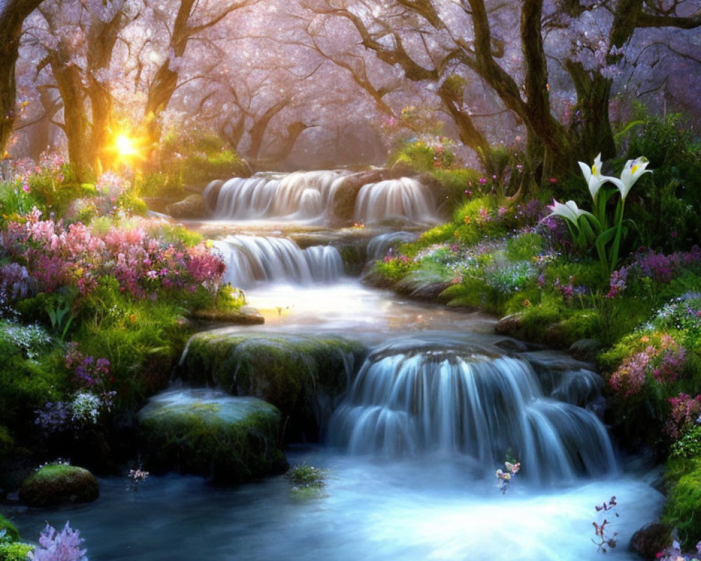 Tranquil forest waterfall with cherry blossom trees