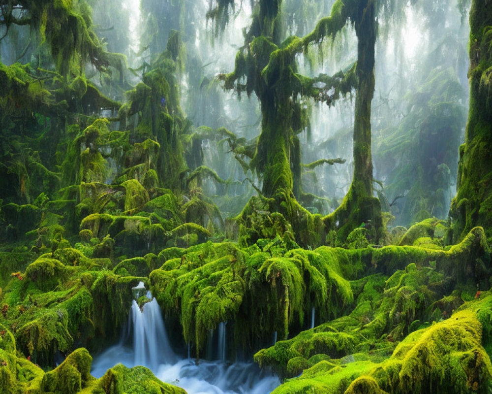 Lush Forest with Moss-Covered Trees and Serene Stream in Ethereal Fog