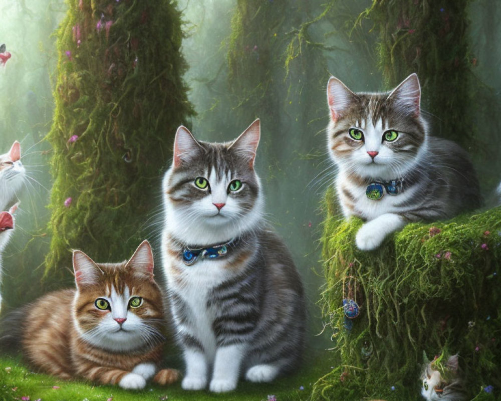 Realistic Cats with Collars in Whimsical Forest Scene