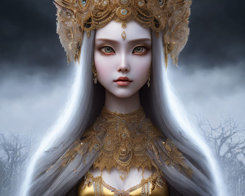 Pale-skinned figure in gold headdress amid misty forest