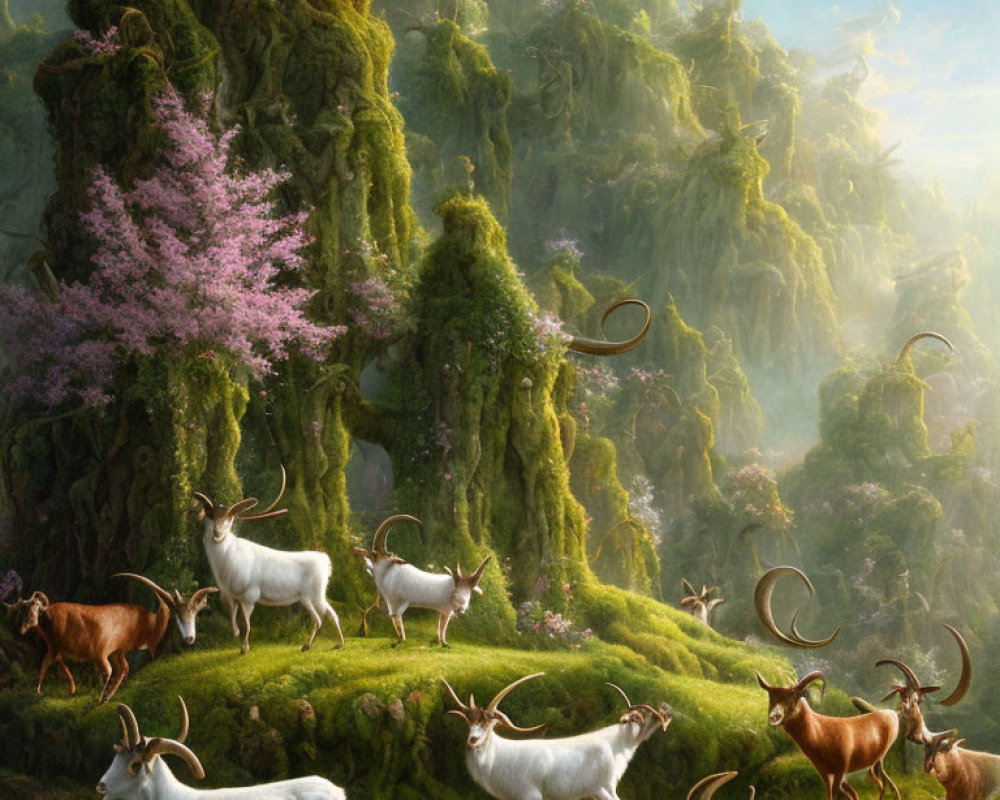 Spiraled horned goats grazing in lush green landscape