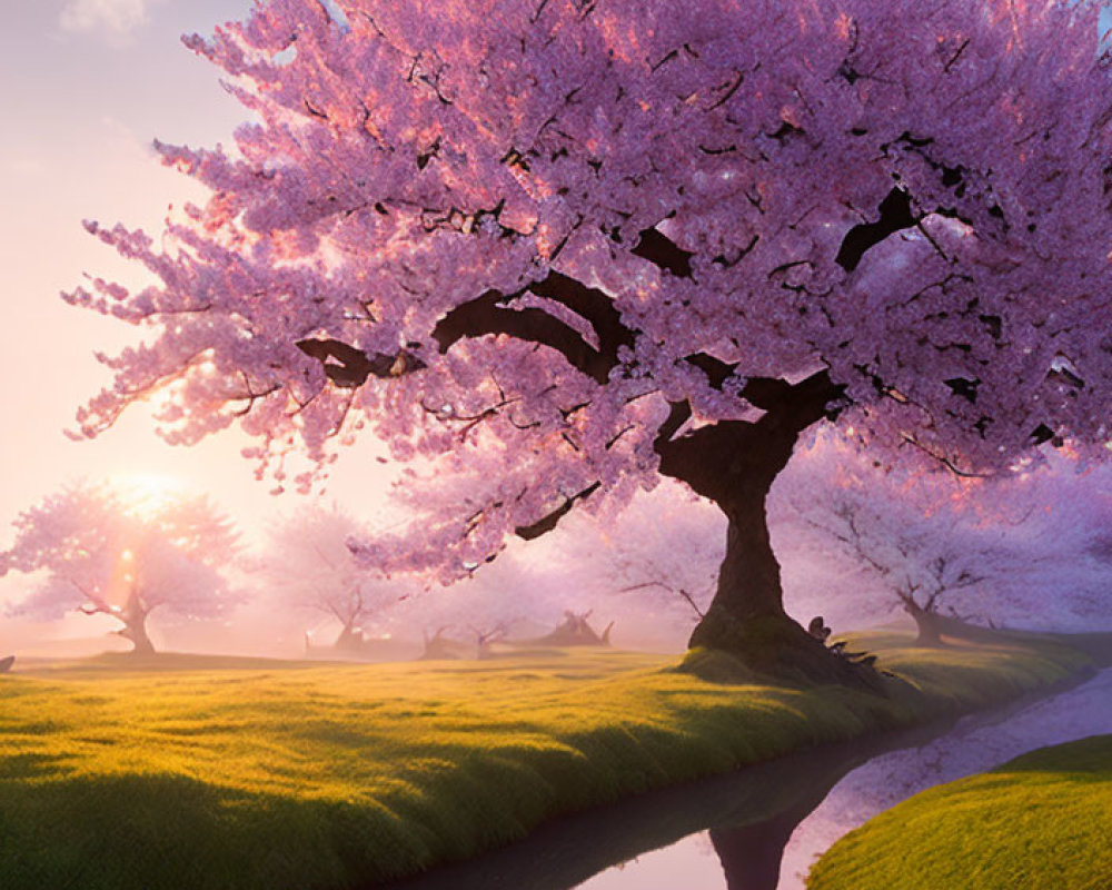 Majestic cherry blossom tree in full bloom beside serene stream at sunrise