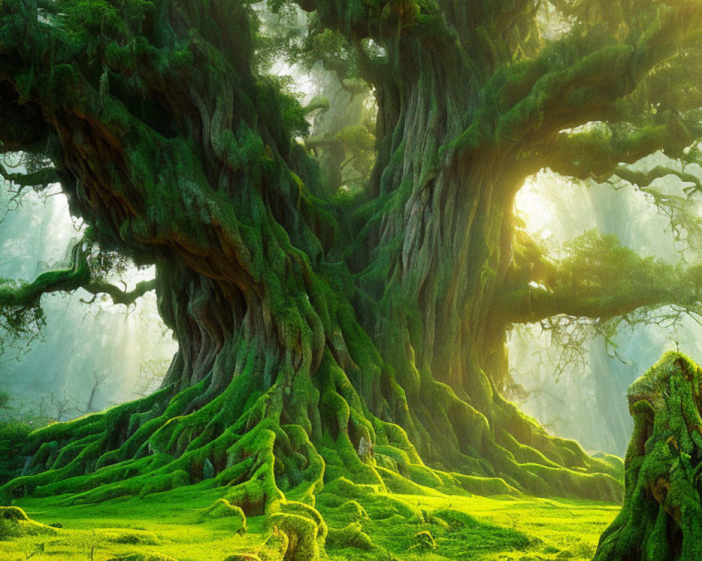 Ancient tree with moss-covered roots in misty forest landscape