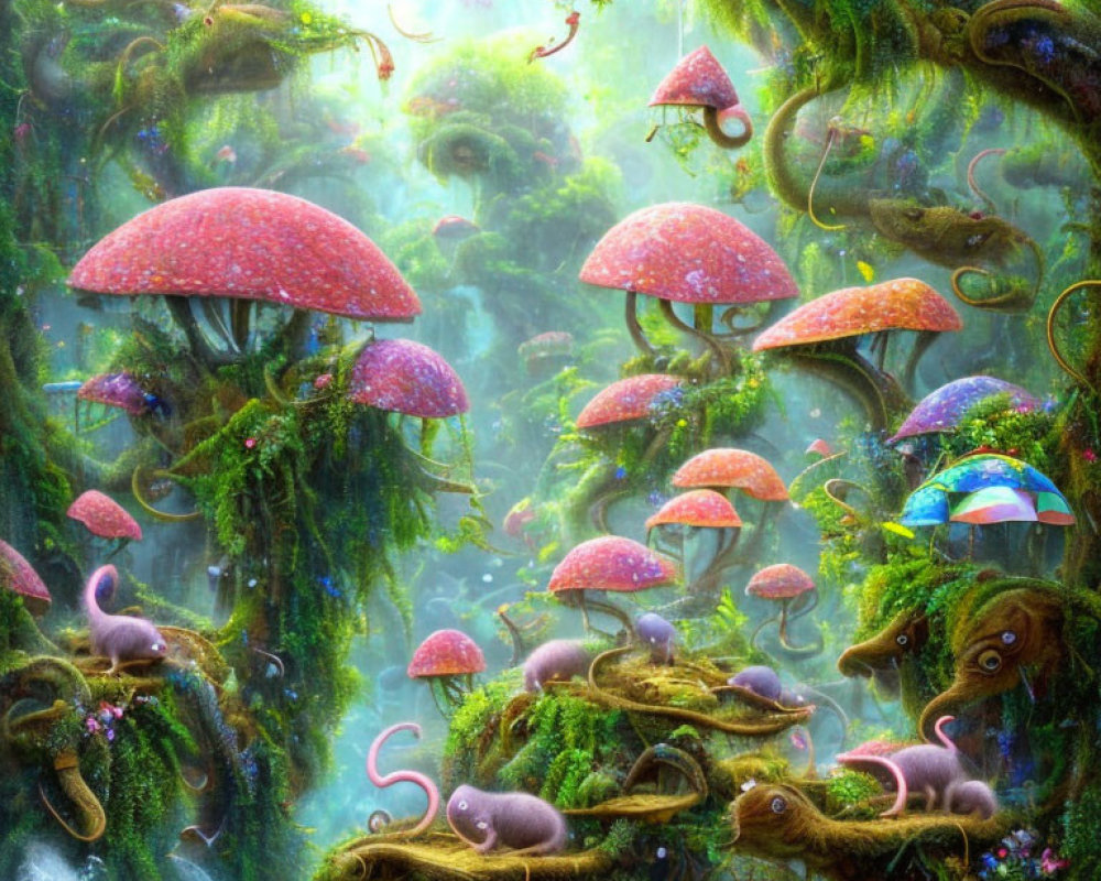 Vivid Fantasy Forest with Oversized Mushrooms, Twisted Trees, and Snake-like Creatures