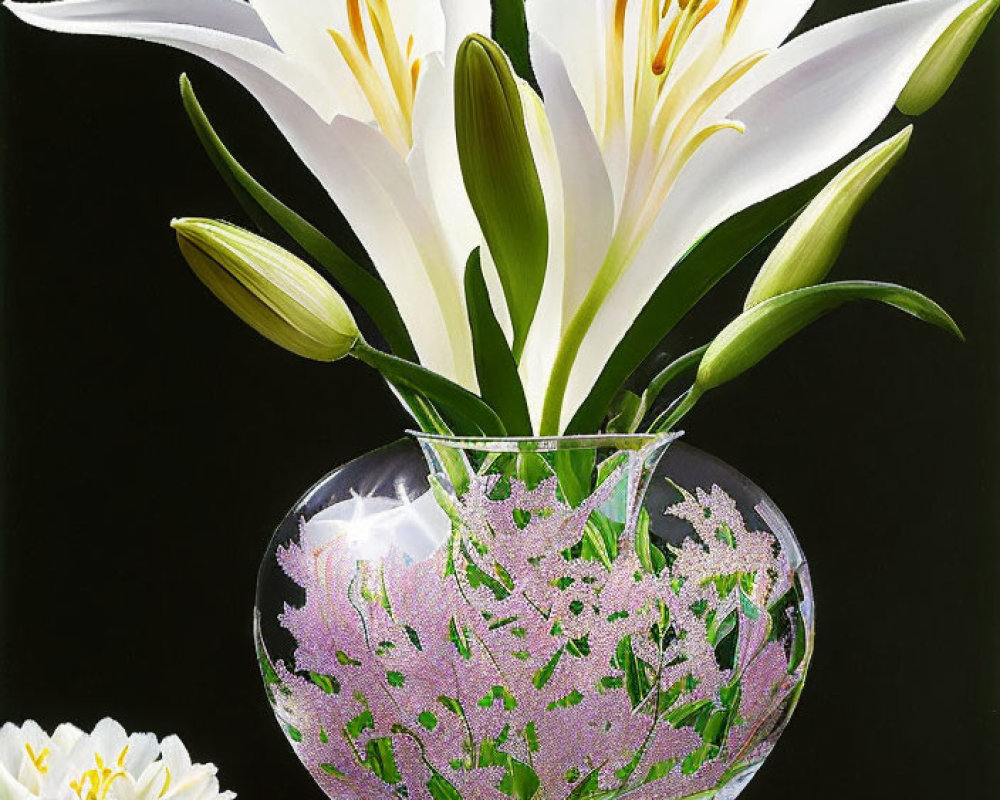 White lilies with yellow stamens in etched glass vase on dark background