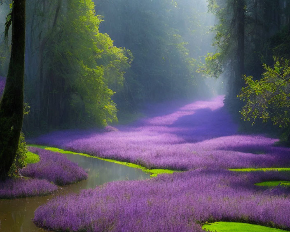 Tranquil forest scene with meandering stream and vibrant purple flowers