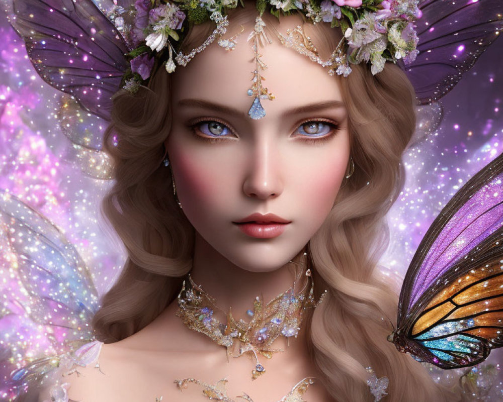 Illustrated fairy with violet eyes, floral crown, butterfly wings, and gem-encrusted jewelry