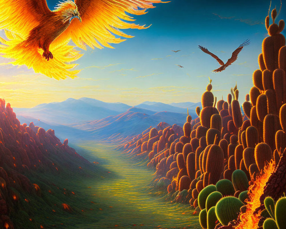 Mythical phoenix flying over valley with orange cacti and lava stream